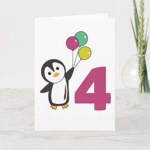 Tarjeta Globos de cuarto cumpleaños de pingüino para tarje