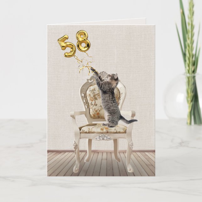 Tarjeta Globos de cumpleaños 58 y gato tabby (Anverso)