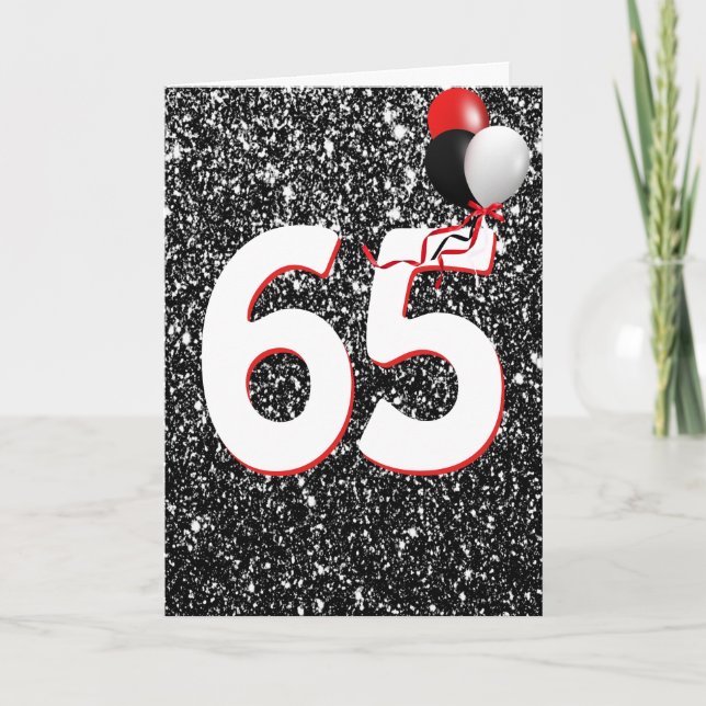 Tarjeta Globos de cumpleaños 65 sobre Purpurina negro (Anverso)