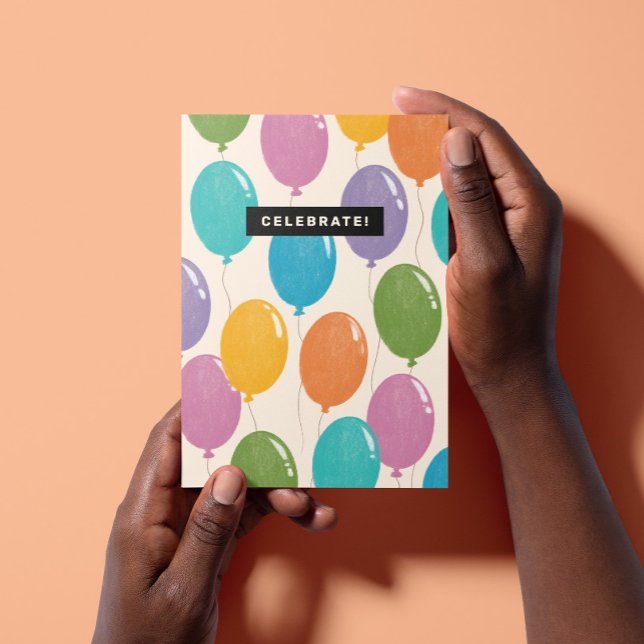 Tarjeta Globos de cumpleaños coloridos para celebrar ("Celebrate!" inside a black box over background colorful illustrated balloons flying upward)