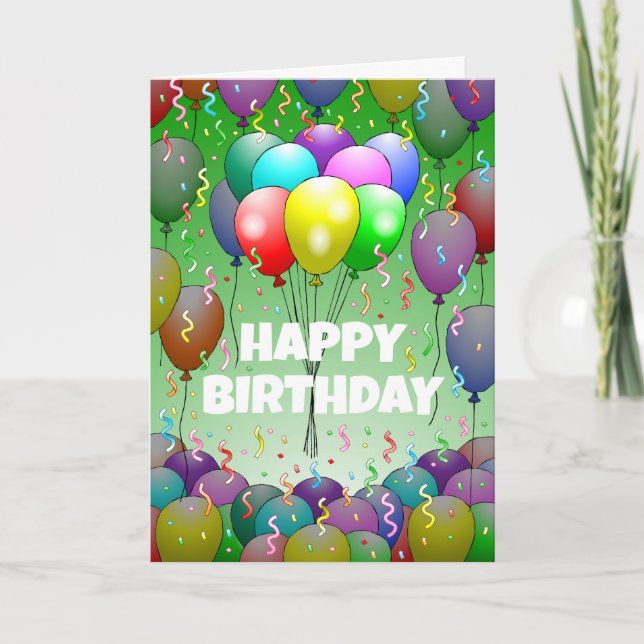 Tarjeta Globos de cumpleaños coloridos y confeti (Anverso)