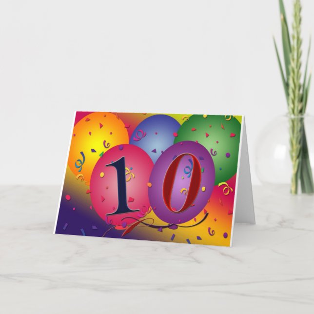Tarjeta ¡Globos de cumpleaños de 10 años! (Anverso)