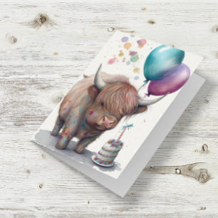 Tarjeta Globos de cumpleaños de acuarela de vaca Highland 