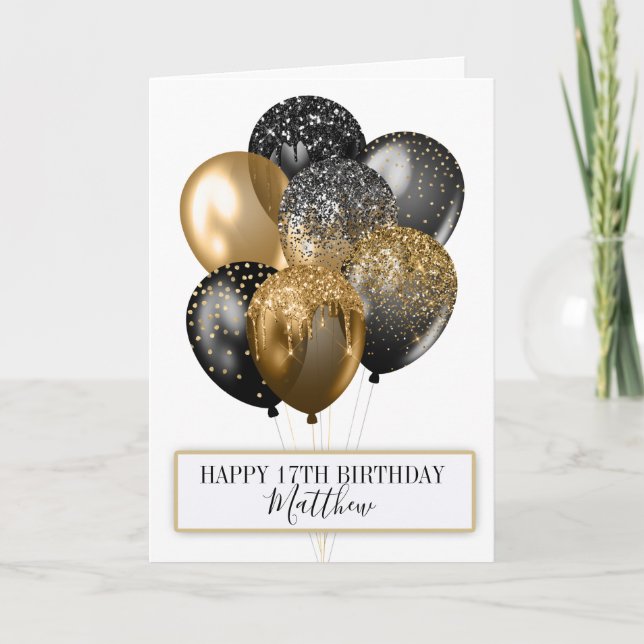 Tarjeta Globos de Cumpleaños Elegantes de Brillo Negro y D (Anverso)