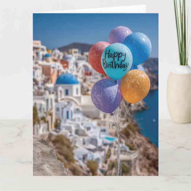 Tarjeta Globos de cumpleaños felices en Santorini, Grecia (Anverso)
