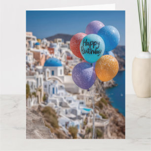 Tarjeta Globos de cumpleaños felices en Santorini, Grecia