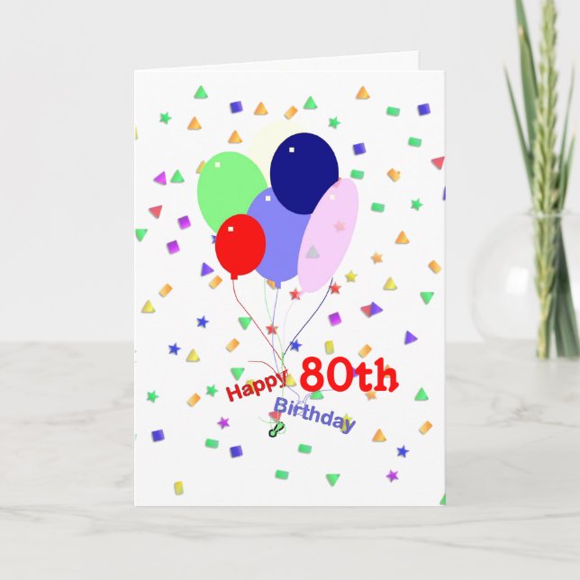 Tarjeta Globos de cumpleaños número 80 coloridos (Anverso)