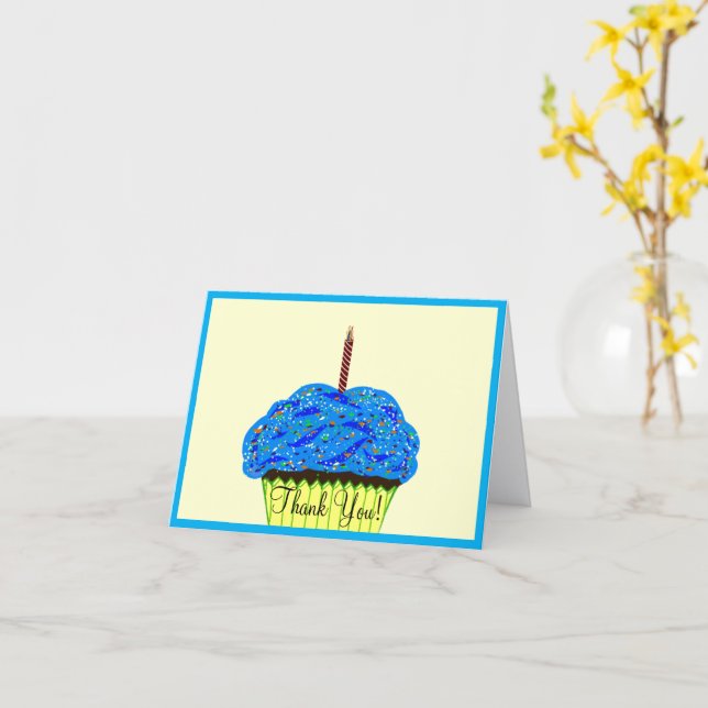 Tarjeta Globos de Cupcake Azul Cumpleaños Gracias (flor amarilla)