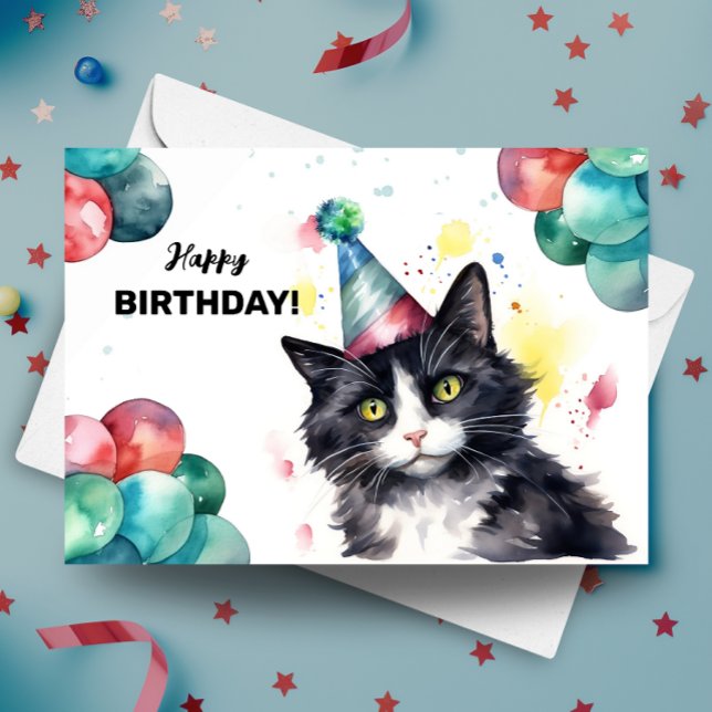Tarjeta Globos de gato de Tuxedo y Gorra Fiesta feliz cump (Subido por el creador)