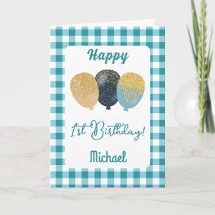 Tarjeta Globos de Gingham Azul Turquesa Cumpleaños Infanti