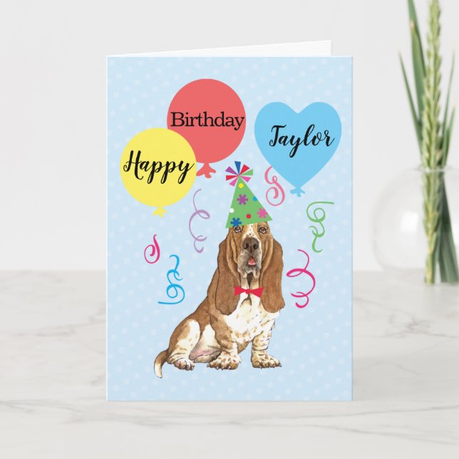 Tarjeta Globos de la fiesta de cumpleaños Hound Basset (Anverso)