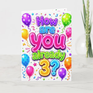 Tarjeta Globos de neón y confeti para el tercer cumpleaños