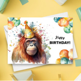 Tarjeta Globos de Orangután y Gorra Fiesta feliz cumpleaño