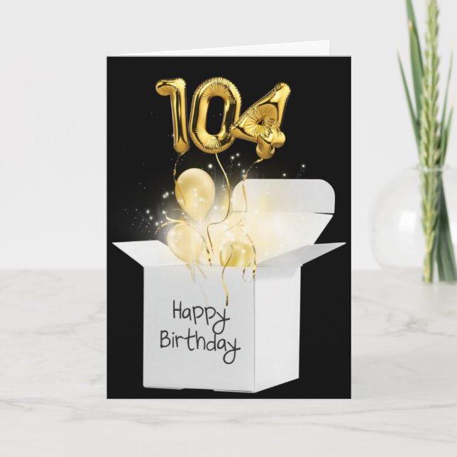 Tarjeta Globos de oro por 104 cumpleaños en caja blanca (Anverso)