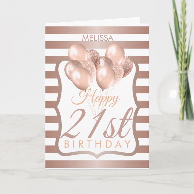 Tarjeta Globos de oro Rosa a rayas 21 cumpleaños (Anverso)