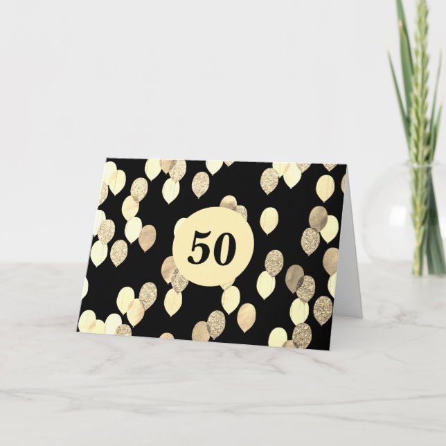 Tarjeta Globos de oro y negro 50 cumpleaños (Anverso)