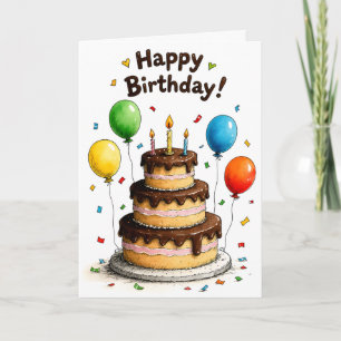 Tarjeta Globos de pastel de chocolate de cumpleaños feliz