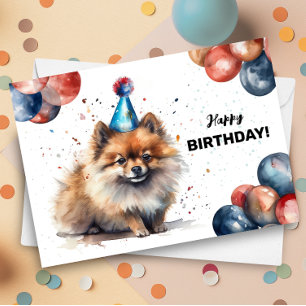 Tarjeta Globos de perro de Pomerania y Gorra Fiesta Cumple
