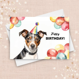 Tarjeta Globos de perros Rat Terrier y Gorra Fiesta Cumple