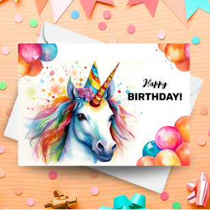 Tarjeta Globos de Unicornio arcoiris y Gorra Fiesta Cumple