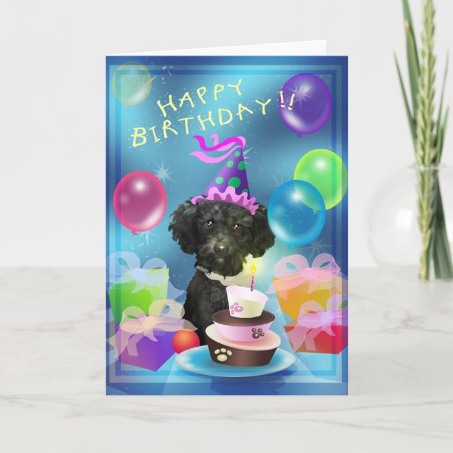 Tarjeta Globos del caniche del feliz cumpleaños (Anverso)