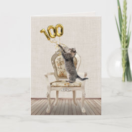 Tarjeta Globos del cumpleaños número 100 y gato atigrado