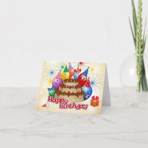 Tarjeta Globos divertidos y felices de cumpleaños y pastel