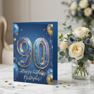 Tarjeta Globos Elegantes Azules con Destellos Dorados Cump