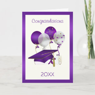 Tarjeta Globos morados, mortero y diploma Graduación