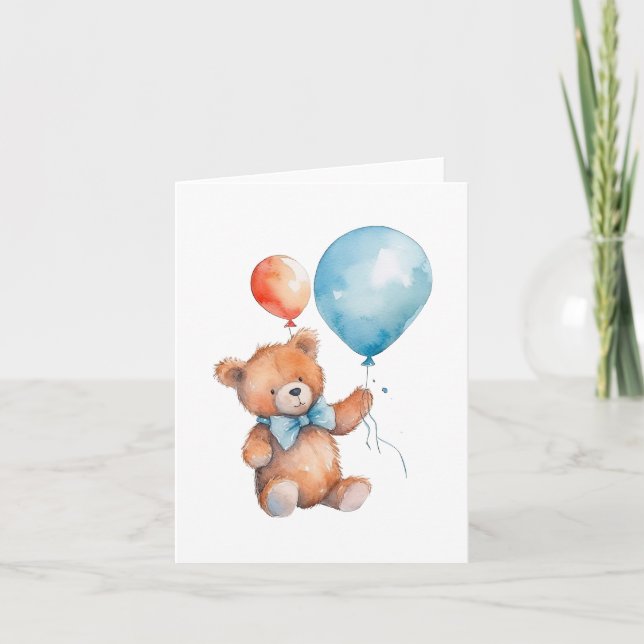 Tarjeta Globos naranja y azul acuarela Oso Teddy marrón (Anverso)