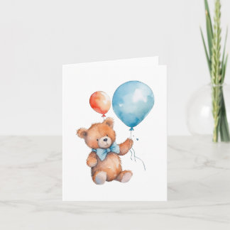 Tarjeta Globos naranjas y azules de acuarela Oso de peluch