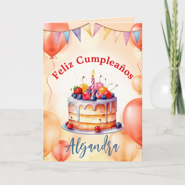 Tarjeta Globos para Tarta Grandes Naranja Rosa Cumpleaños  (Anverso)