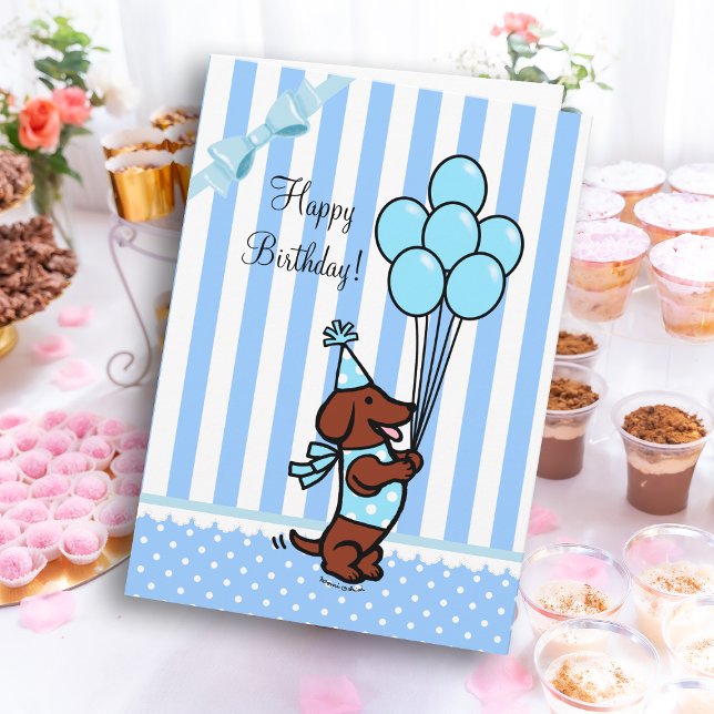 Tarjeta Globos Personalizados de cumpleaños de Dachshund (Dachshund Cartoon Birthday Light Blue Balloons Greeting Card for Dachshund Owners!  Cute Dog design.)