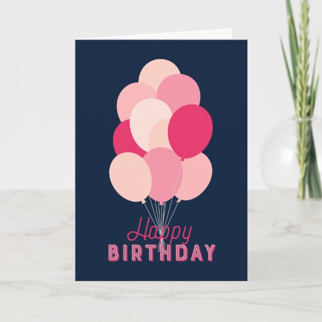 Tarjeta Globos rosados, azul, feliz cumpleaños (Anverso)