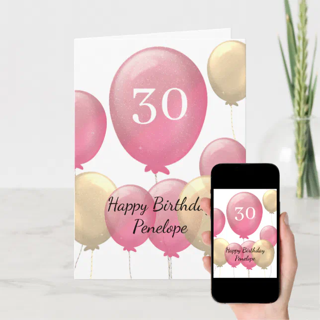 Tarjeta Globos rosados y dorados 30 cumpleaños