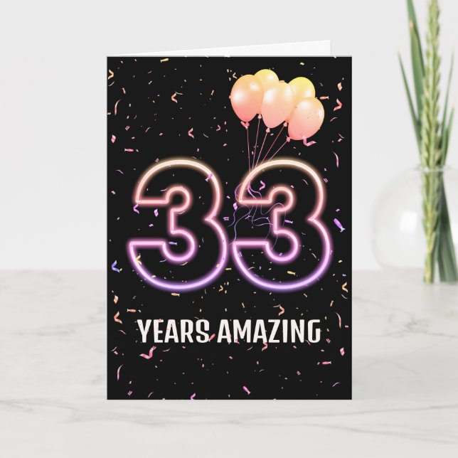 Tarjeta Globos y confeti para cumpleaños número 33 (Anverso)