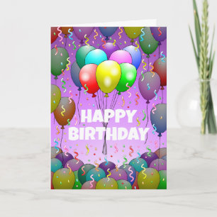 Tarjeta Globos y Cumpleaños con Confeti