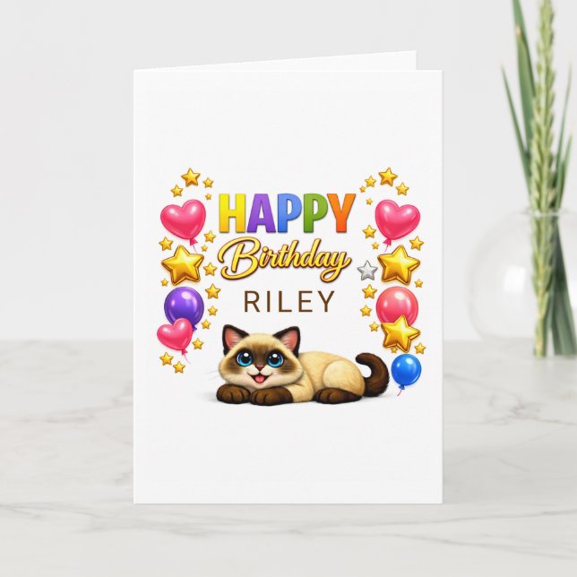 Tarjeta Globos y Estrellas de Gato Siamés Feliz Cumpleaños (Anverso)