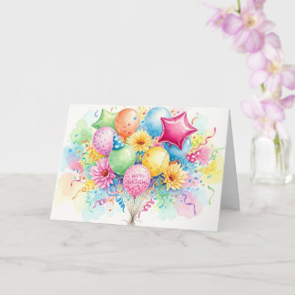 Tarjeta Globos y flores de cumpleaños con acuarela