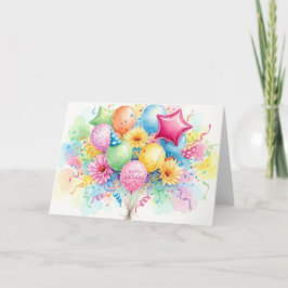 Tarjeta Globos y flores de cumpleaños con acuarela