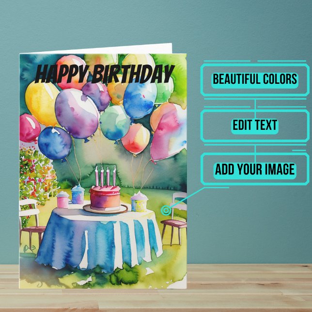 Tarjeta Globos y pastel de cumpleaños en acuarela de patio (Wish someone you care about a happy birthday with this colorful design featuring watercolors.)