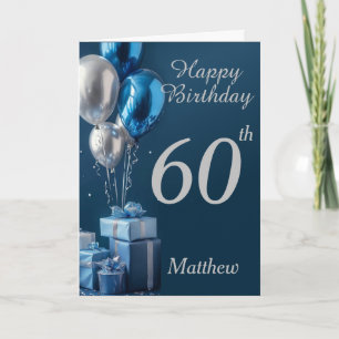 Tarjeta Globos y regalos azules plateados para el 60 cumpl