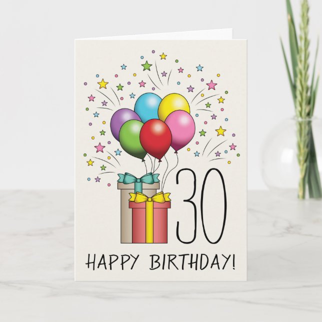 Tarjeta Globos y regalos de cumpleaños con edad y texto (Anverso)