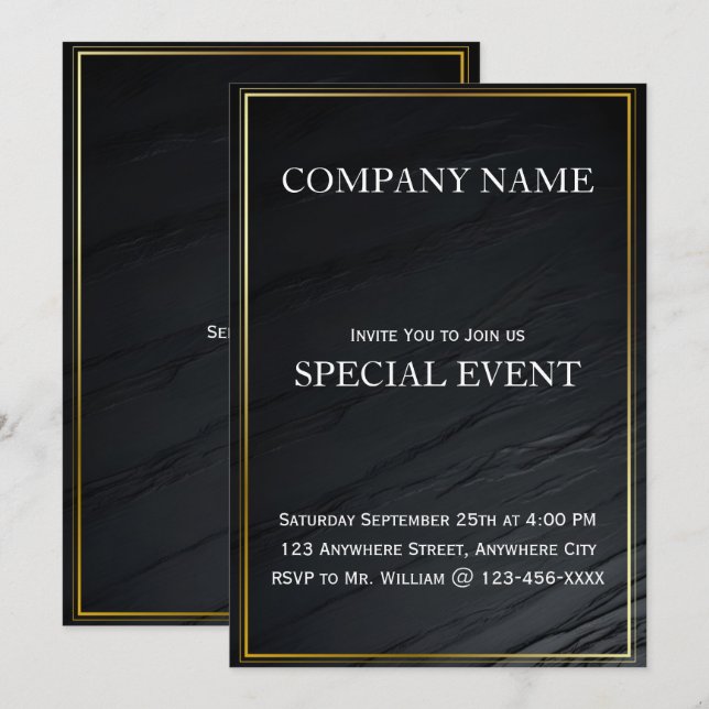 Tarjeta Gloden Frame Black Corporate Party Invitat (Anverso / Reverso)