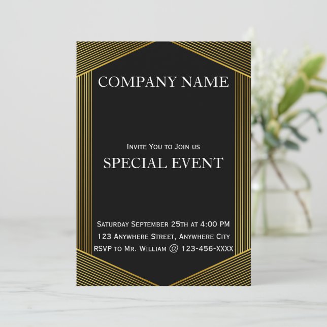 Tarjeta Gloden Frame Black Corporate Party Invitat (Anverso de pie)