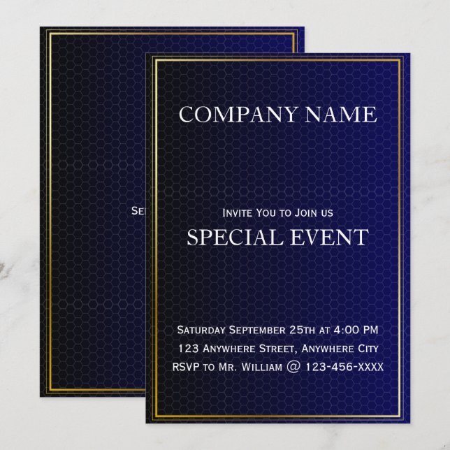 Tarjeta Gloden Frame Blue Corporate Party Invitati (Anverso / Reverso)