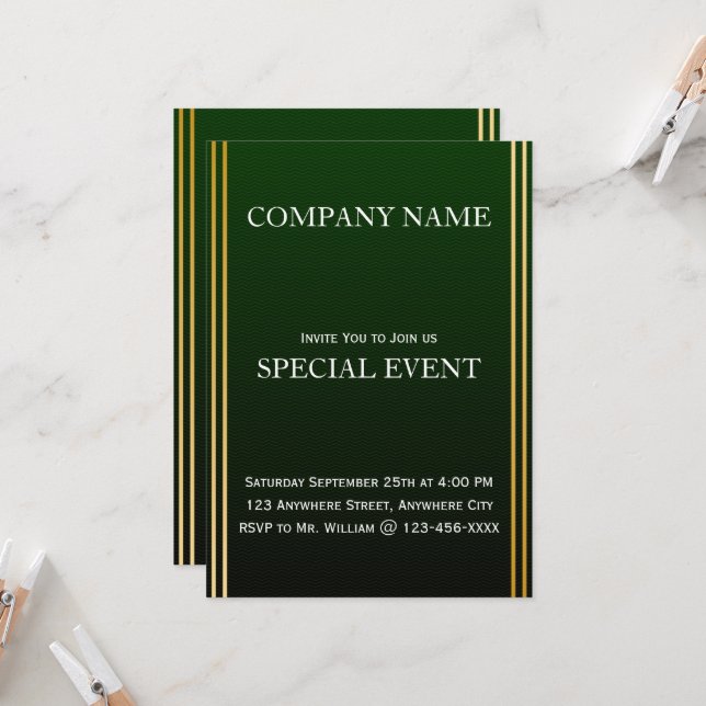 Tarjeta Gloden Frame Green Corporate Party Invitat (Anverso/Reverso In Situ)