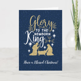 Tarjeta Gloria al nuevo rey naciente Navidad con brillo
