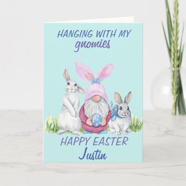 Tarjeta Gnome Bunny Happy Easter Nombre personalizado (Anverso)