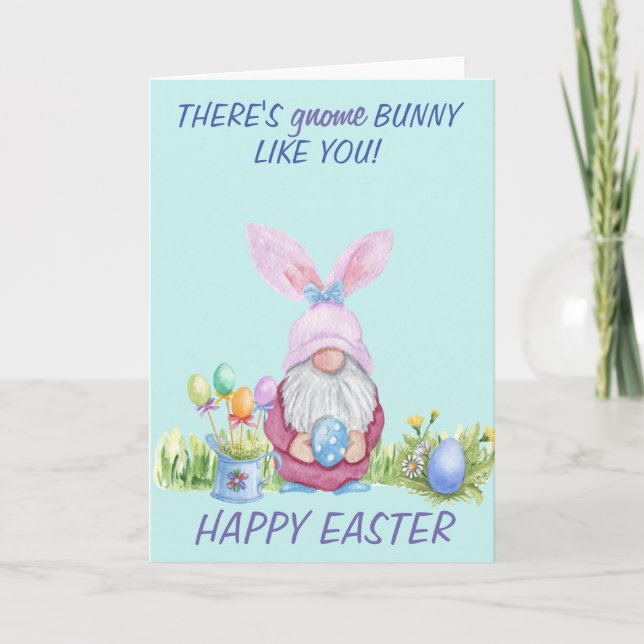 Tarjeta Gnome Bunny Happy Easter Watercolor (Anverso)